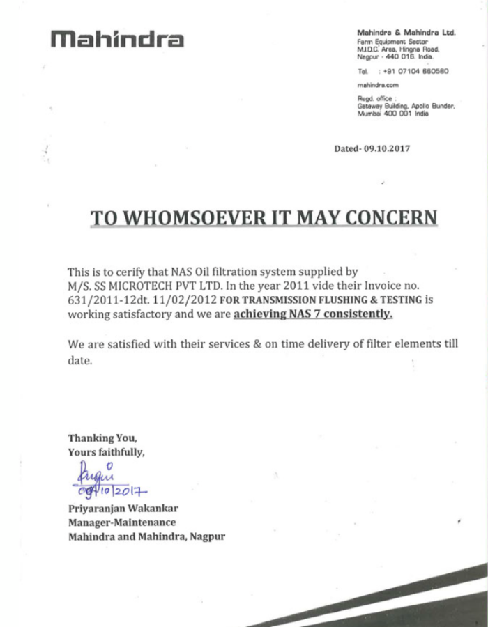 Mahindra & Mahindra Nagpur certificate