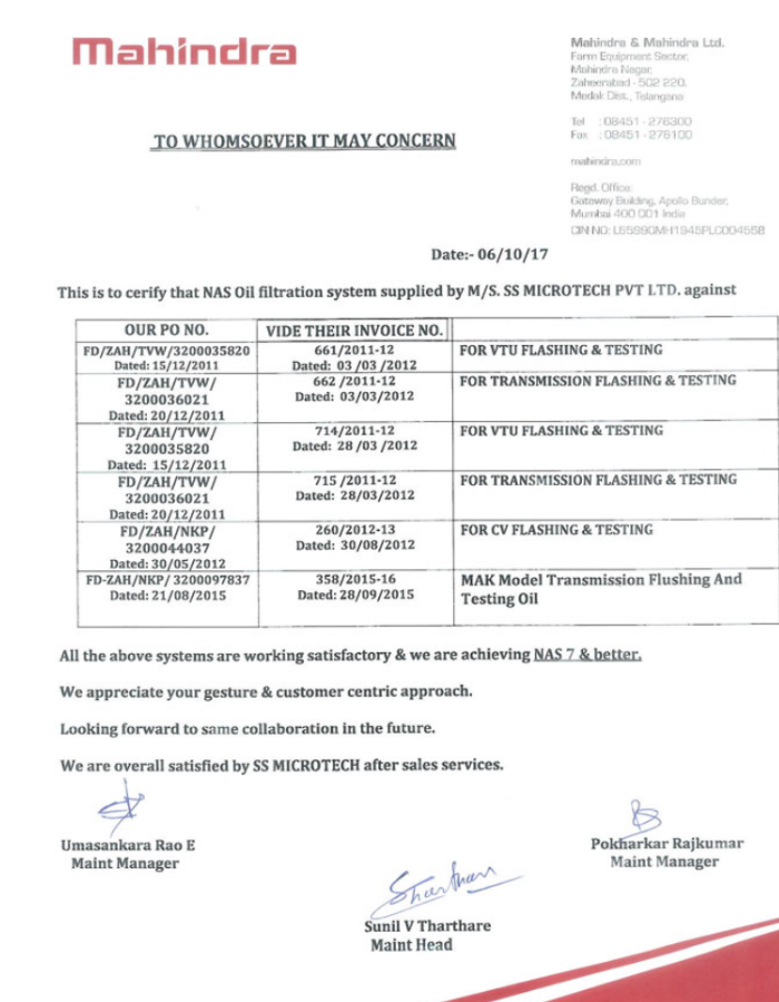 Mahindra & Mahindra Zaheerabad certificate