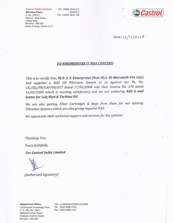 Castrol – Silvassa certificate